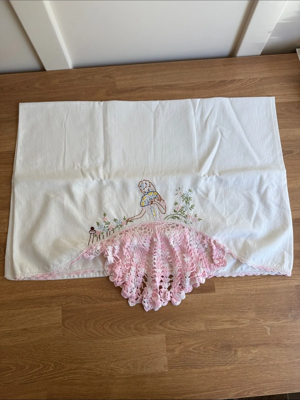 Vintage Southern Belle Embroidered Pillowcase Crochet Lace Skirt Cottagecore